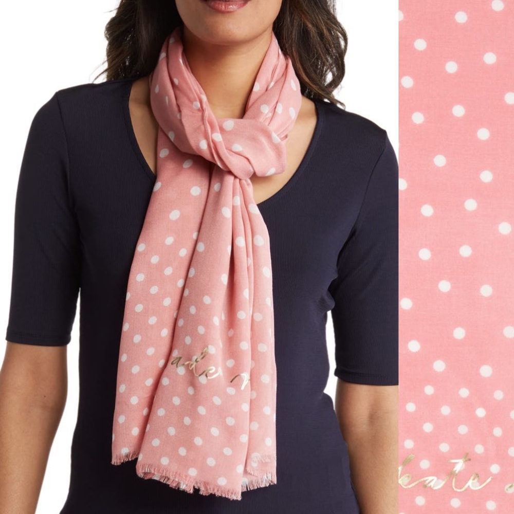 🔥 1 hour sale. Kate Spade, polka dot scarf, pink white with gold foil letters